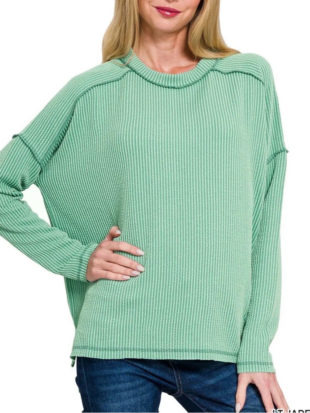 ZENANA Relaxed Corded Rib-Knit Sweater in Mint Green SZ L/XL NEW